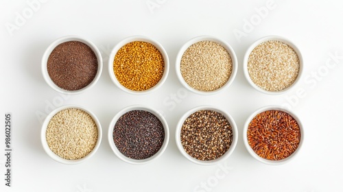 An elegant arrangement of different types of grains such as amaranth, teff, and spelt, displayed in small white bowls on a clean white background.