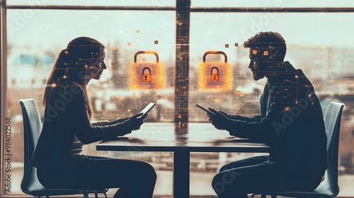 Obraz na płótnie komunikacja, bezpieczeństwo, kod, połączenie, technologia, telefon, smartfon, biuro, zabezpieczenia, prywatność, cyfrowe, ochrona, kłódki, ludzie, interakcja, biurowe, przyszłość, technologia, cyfrowa w salonie