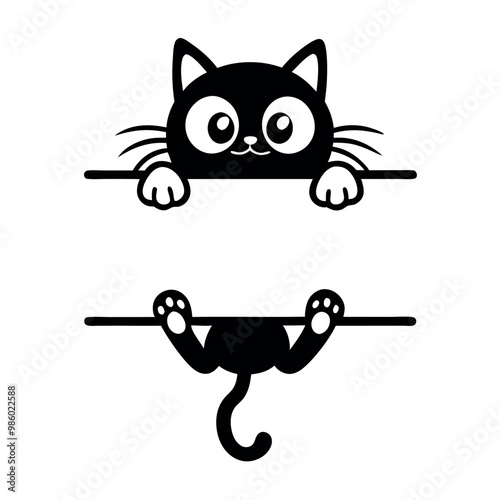 a black and white illustration of a cat hanging upside down on a horizontal bar. The cat has a round face with big, round eyes and a small nose vector silhouette