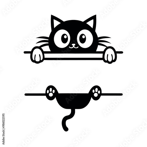 a black and white illustration of a cat hanging upside down on a horizontal bar. The cat has a round face with big, round eyes and a small nose vector silhouette