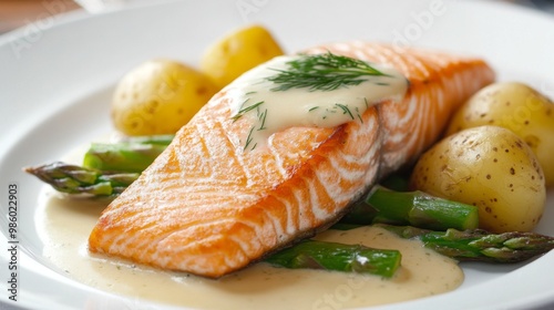 An elegant dish of poached salmon with a light dill sauce, served with asparagus and new potatoes, presented on a white plate for a sophisticated and appetizing look.