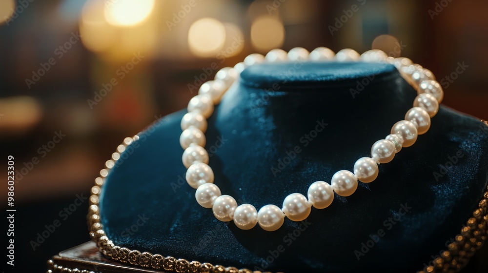 An elegant pearl necklace displayed on a velvet jewelry stand, with soft lighting highlighting the pearls' sheen and intricate arrangement. An elegant pearl necklace displayed on a velvet jewelry stand, with soft lighting highlighting the pearls' sheen and intricate arrangement.