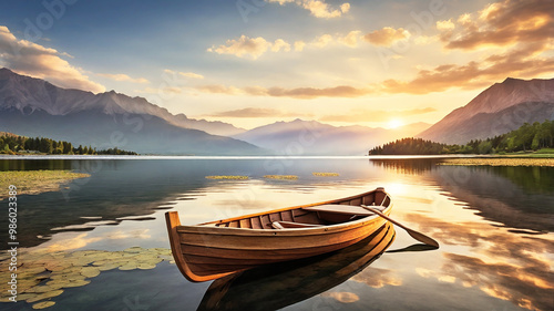 A rustic rowboat drifts on a calm lake, oars still, as the sun sets behind towering mountains photo