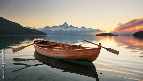 A rustic rowboat drifts on a calm lake, oars still, as the sun sets behind towering mountains photo