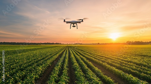 A drone flying over a lush green field during sunset, showcasing agricultural technology.