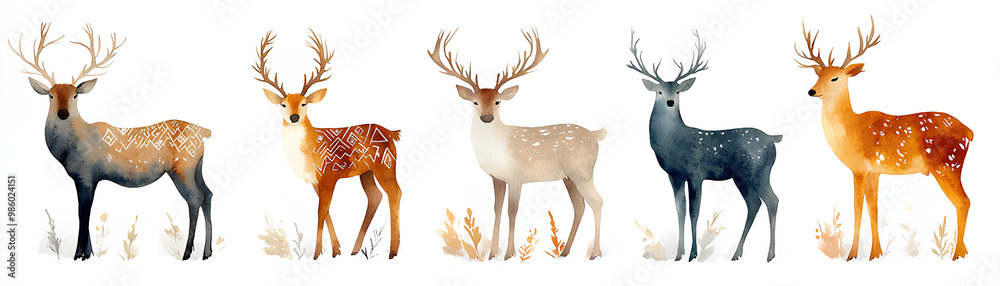 custom made wallpaper toronto digitalBoho reindeer clipart, adorned with tribal patterns, watercolor illustration, natural tones, isolated on white background