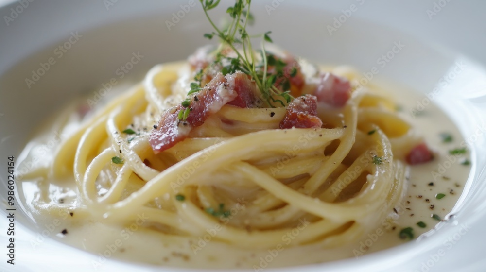 An elegant presentation of spaghetti carbonara on a white plate, with the creamy sauce and crispy pancetta beautifully arranged, garnished with fresh herbs for added color. An elegant presentation of spaghetti carbonara on a white plate, with the creamy sauce and crispy pancetta beautifully arranged, garnished with fresh herbs for added color.