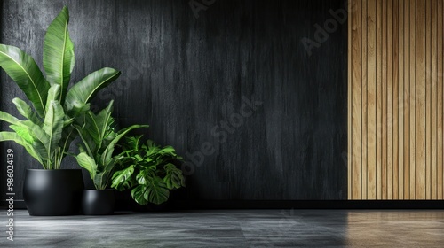 Modern indoor space featuring plants against a dark wall and wooden paneling.