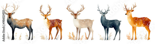 Wallpaper Mural Boho reindeer clipart, adorned with tribal patterns, watercolor illustration, natural tones, isolated on white background Torontodigital.ca