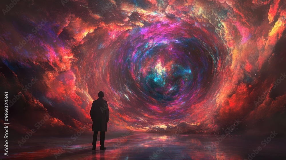 A figure stands before a swirling cosmic vortex, evoking wonder and exploration. A figure stands before a swirling cosmic vortex, evoking wonder and exploration.