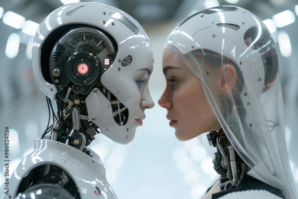 Fototapeta premium Close encounter between a female robot and a human woman, showcasing advanced technology and humanity s connection Modern, sleek design against a futuristic background