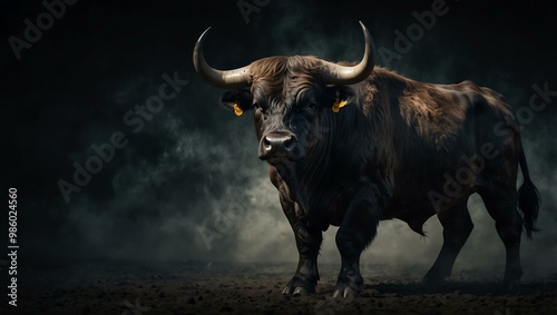 Powerful bull against a dark background, showcasing strength.