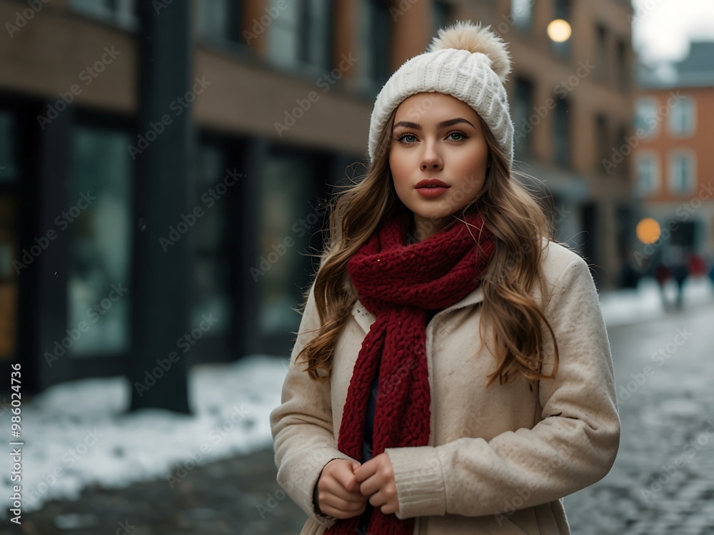 Pretty girl in a winter outfit walking in an urban setting. Pretty girl in a winter outfit walking in an urban setting.