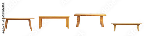 Collection of empty wooden tables in different styles and designs including modern vintage rustic and minimalist suitable for home office or workspace settings