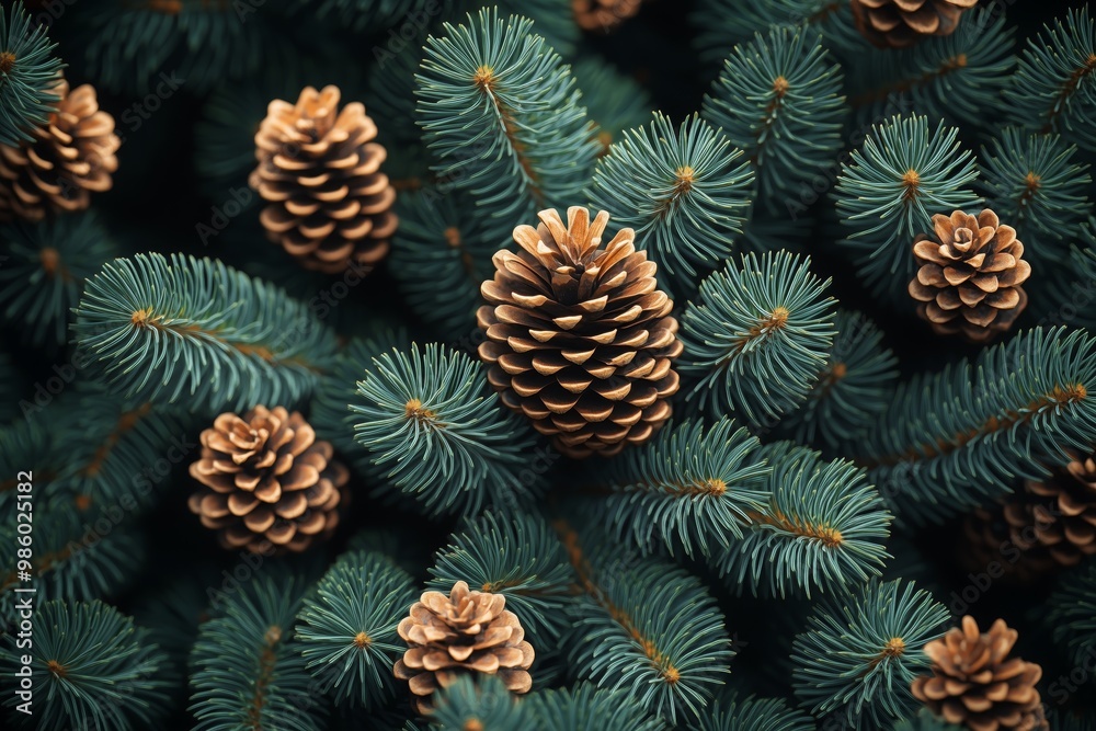 Fototapeta premium pattern of green fir tree branches and cones for chrismast celebration
