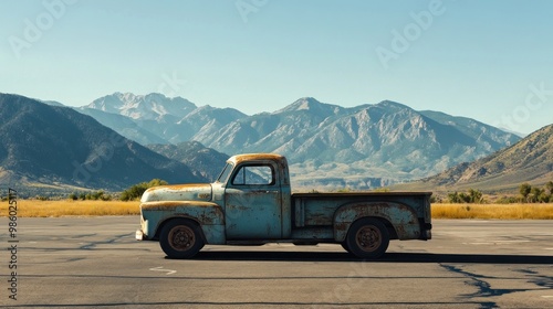 An old, rusty pickup truck parked against a scenic mountain backdrop.