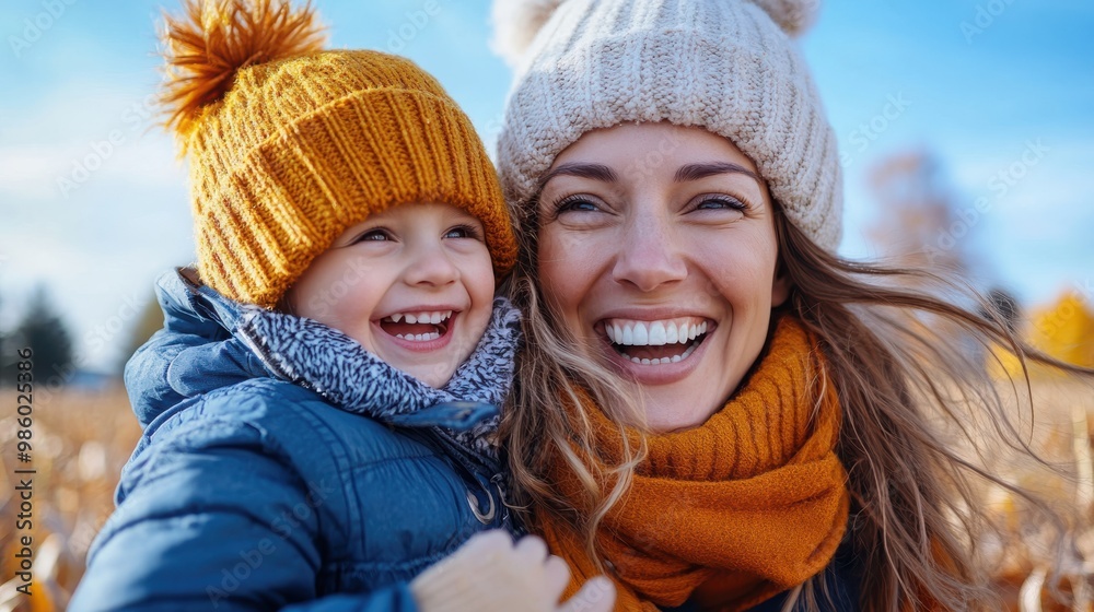 A joyful mother and child wear warm hats and scarves, embracing the crisp autumn air in a sunlit field, capturing the essence of warmth and familial love. A joyful mother and child wear warm hats and scarves, embracing the crisp autumn air in a sunlit field, capturing the essence of warmth and familial love.