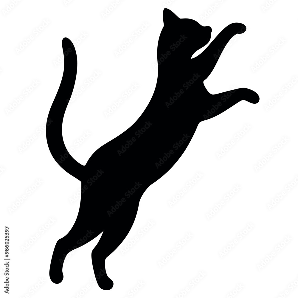 a black silhouette of a cat jumping in the air. The cat is facing towards the right side of the image and its body is stretched upwards a black silhouette of a cat jumping in the air. The cat is facing towards the right side of the image and its body is stretched upwards