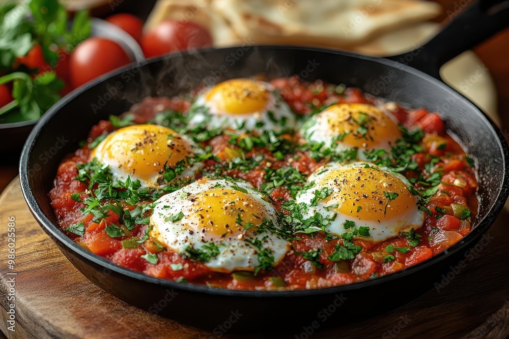 mouthwatering shakshuka sizzling in rustic castiron skillet vibrant red tomato sauce cradling perfectly poached eggs steam rises carrying aromatic spices set against warm earthy background