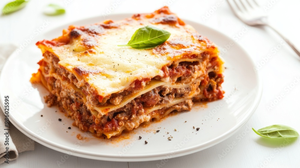 An overhead shot of a delicious Italian lasagna with layers of meat, cheese, and tomato sauce, served on a white plate with a white background for a classic look An overhead shot of a delicious Italian lasagna with layers of meat, cheese, and tomato sauce, served on a white plate with a white background for a classic look