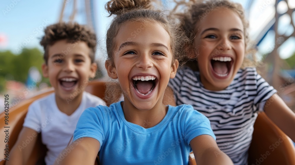 A group of joyful children experiences the thrill of a roller coaster ride, their faces beaming with excitement, capturing the quintessence of carefree happiness. A group of joyful children experiences the thrill of a roller coaster ride, their faces beaming with excitement, capturing the quintessence of carefree happiness.