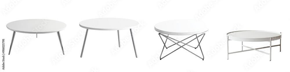 Assortment of modern minimalist coffee tables and side tables in various shapes sizes and materials including round oval and square designs with wood metal Assortment of modern minimalist coffee tables and side tables in various shapes sizes and materials including round oval and square designs with wood metal
