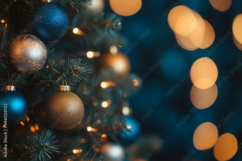 Christmas tree with blue and gold ornaments Christmas tree with blue and gold ornaments