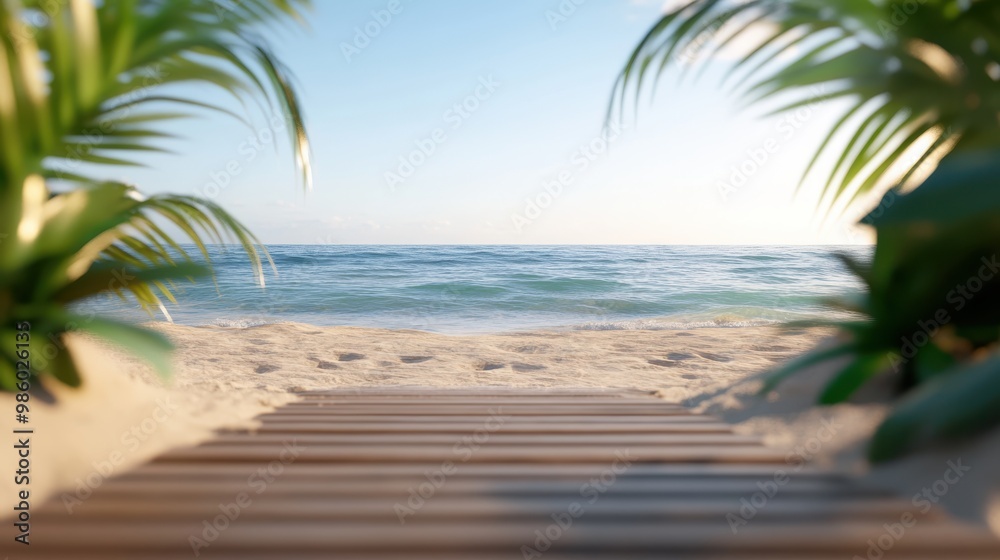 A serene beach scene with a wooden boardwalk leading through the sand towards a calm sea, framed by palm leaves. It captures a tropical, peaceful retreat perfect for relaxation. A serene beach scene with a wooden boardwalk leading through the sand towards a calm sea, framed by palm leaves. It captures a tropical, peaceful retreat perfect for relaxation.