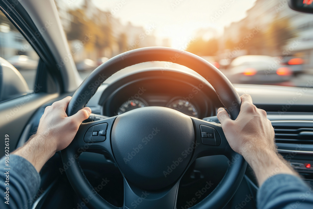 Hands in close-up on a car's steering wheel at dusk Hands in close-up on a car's steering wheel at dusk