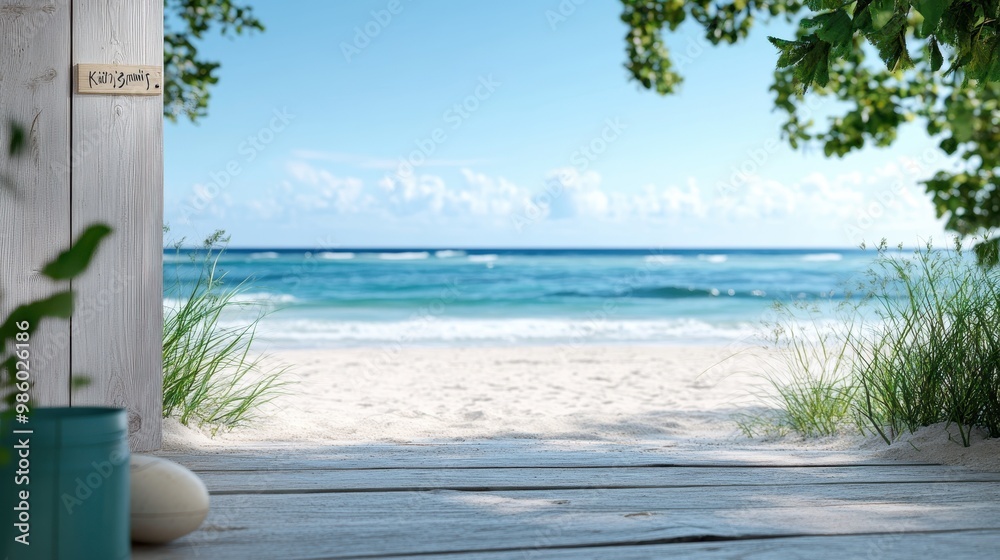 A tranquil view of a pristine beach from a shaded wooden porch, with gentle ocean waves and lush greenery framing the scene, perfect for relaxation. A tranquil view of a pristine beach from a shaded wooden porch, with gentle ocean waves and lush greenery framing the scene, perfect for relaxation.