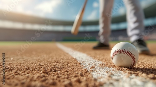 A baseball player is standing in front of a baseball bat and a baseball