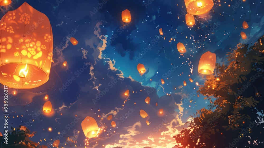 Floating lanterns in the evening sky during a festival. Floating lanterns in the evening sky during a festival.