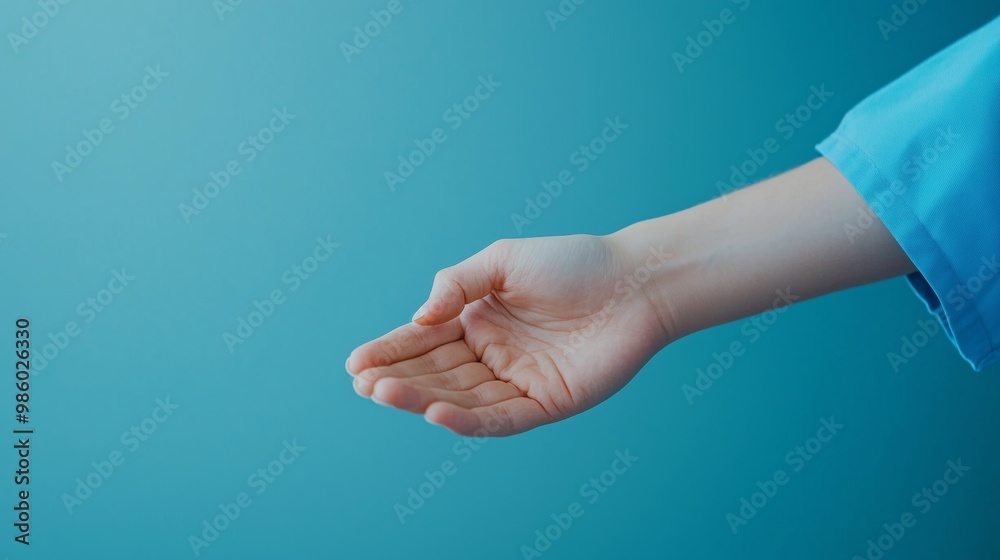 Open Hand Palm Up Gesture on Blue Background