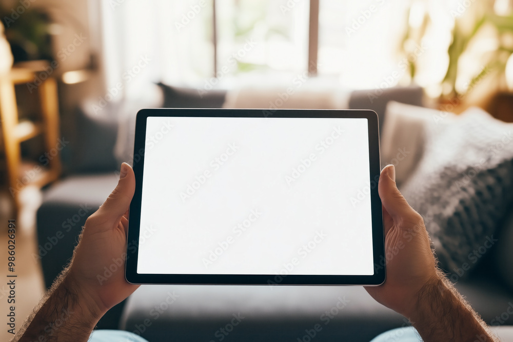 Person in a home setting holding a tablet with white screen Person in a home setting holding a tablet with white screen