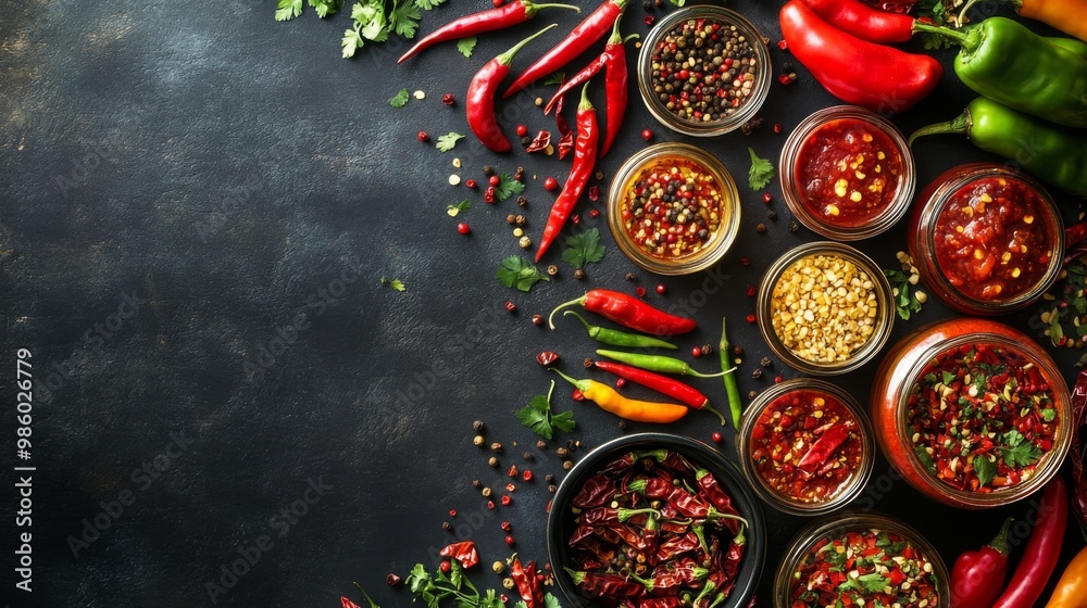 An overhead shot of a variety of chili peppers, including dried and fresh, along with jars of chili paste and sauces, perfect for a cooking-themed layout. An overhead shot of a variety of chili peppers, including dried and fresh, along with jars of chili paste and sauces, perfect for a cooking-themed layout.
