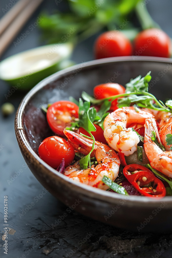 Fresh shrimp salad with cherry tomatoes and arugula