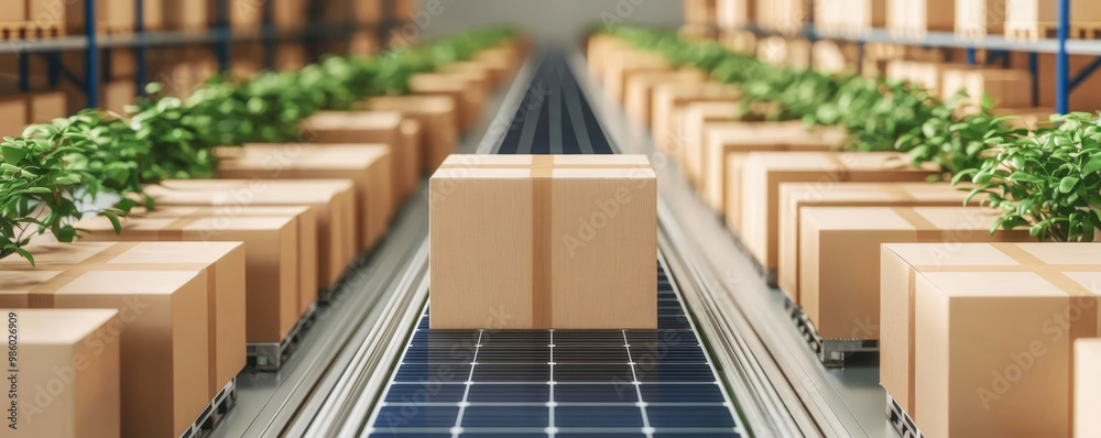 Solarpowered automated warehouse filled with ecofriendly boxes and plants, symbolizing sustainable logistics, industrial automation, ecofriendly warehouse Solarpowered automated warehouse filled with ecofriendly boxes and plants, symbolizing sustainable logistics, industrial automation, ecofriendly warehouse