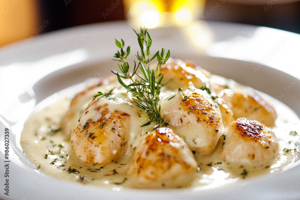 Chicken chunks in creamy herb sauce with thyme garnish Chicken chunks in creamy herb sauce with thyme garnish
