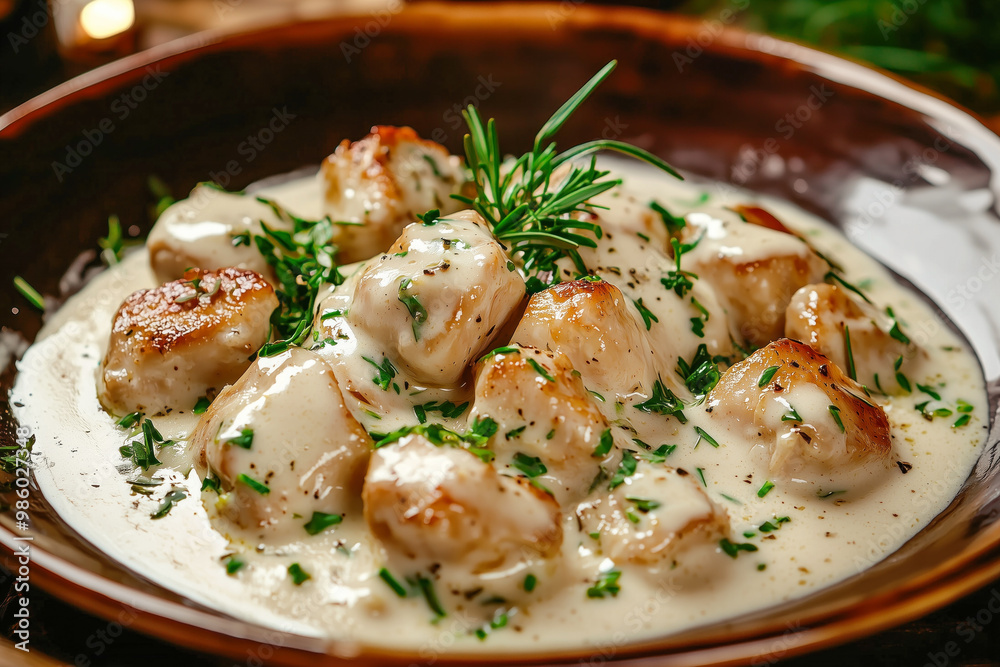 Creamy chicken chunks with fresh herbs in a brown dish