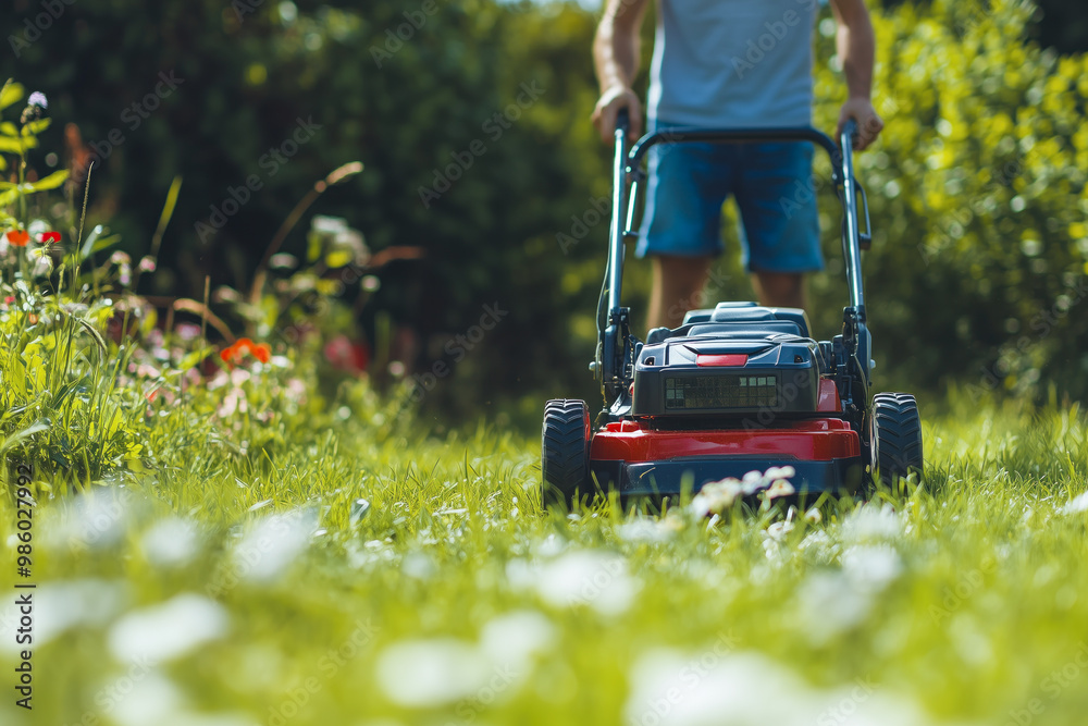 Lawn mower in action as a man mows the garden Lawn mower in action as a man mows the garden