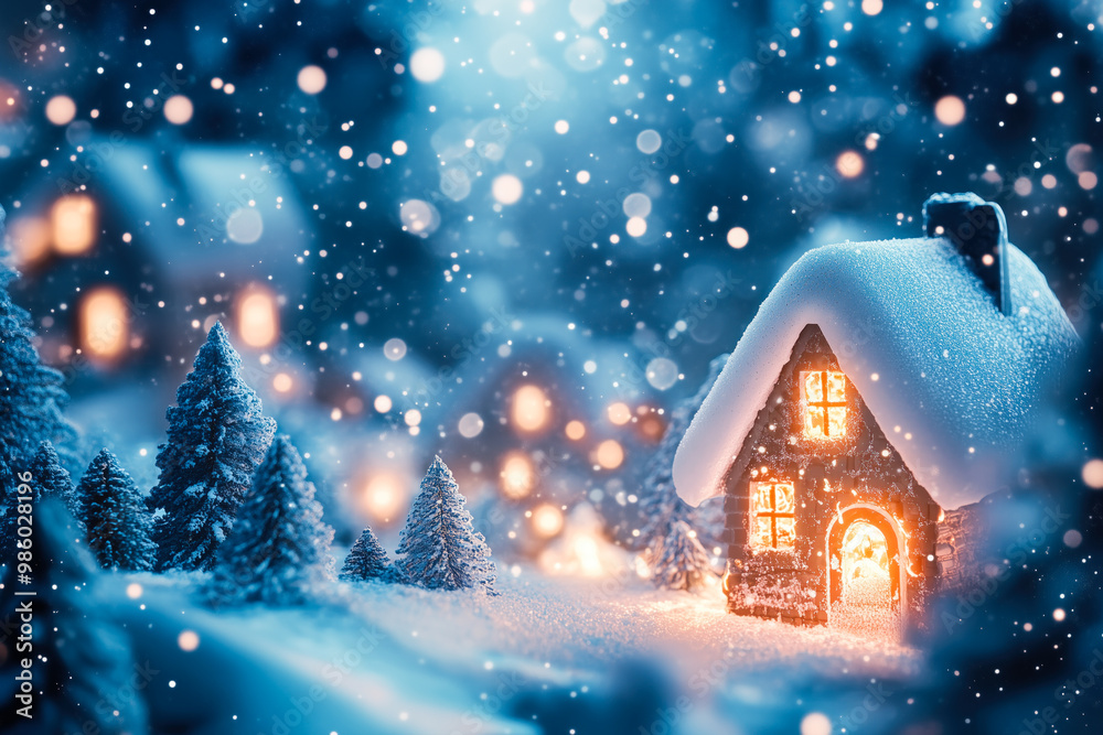 Fototapeta premium Snow-covered cabin in winter forest with glowing lights