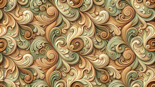  Seamless Ornate Swirl Texture with Earthy Tones and Detailed Patterns, High Resolution