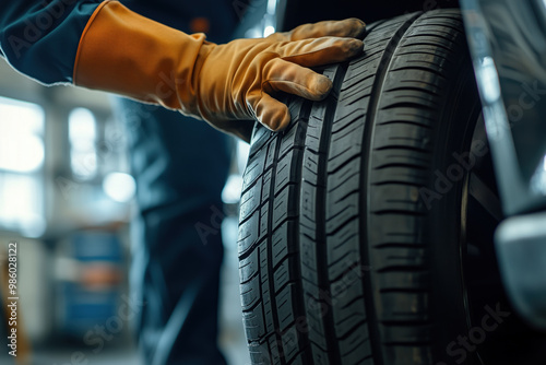 Mechanic working on tire replacement in a garage setting