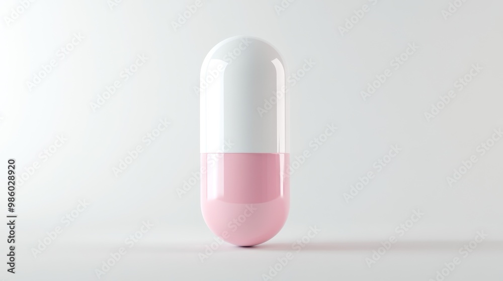 A single pink and white pill capsule stands alone against a white background. A single pink and white pill capsule stands alone against a white background.