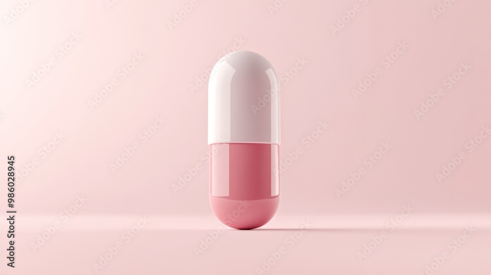 A single pink and white pill on a pink background. A single pink and white pill on a pink background.
