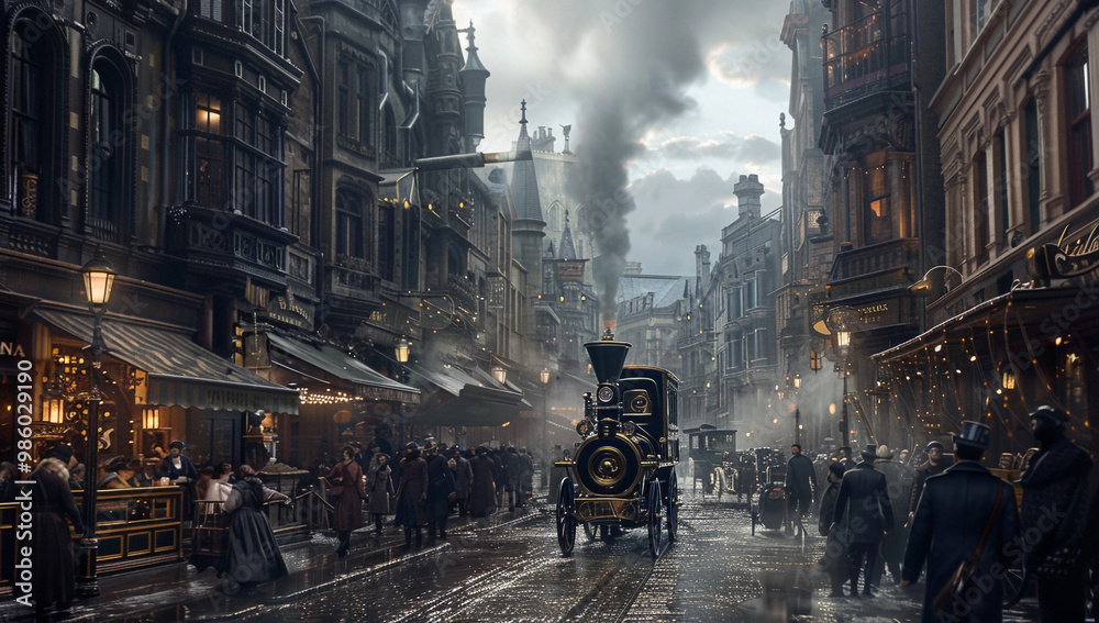 A Victorian-era street with steam-powered robots assisting pedestrians A Victorian-era street with steam-powered robots assisting pedestrians