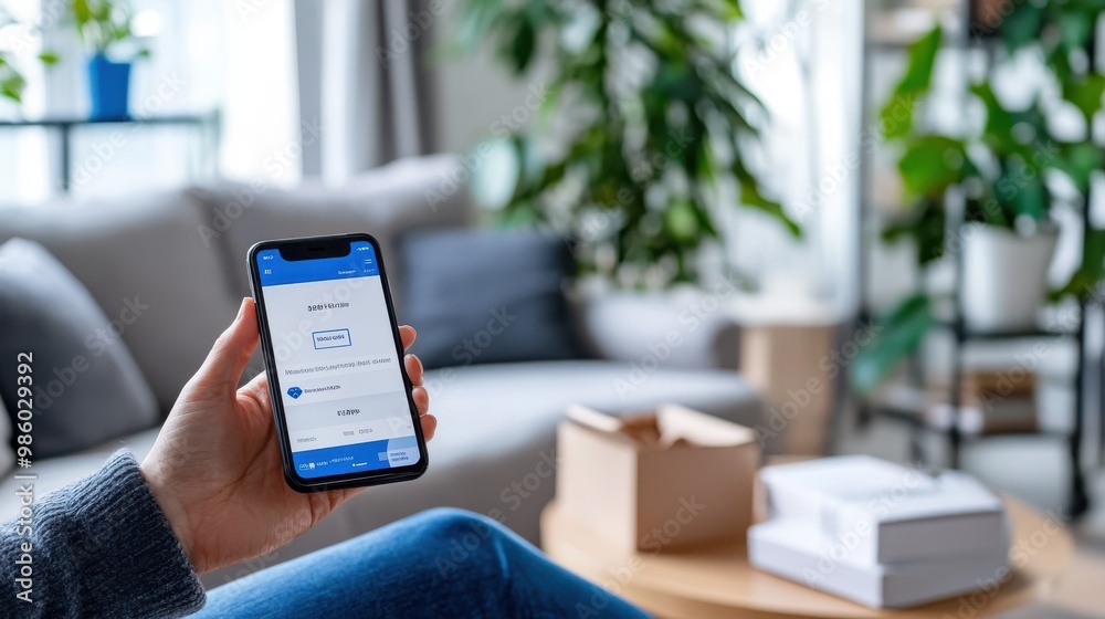 Person's hand holding a smartphone with a mobile banking app open, displaying account details, in a cozy living room environment with furniture, plants, and boxes in the background. Person's hand holding a smartphone with a mobile banking app open, displaying account details, in a cozy living room environment with furniture, plants, and boxes in the background.
