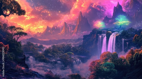 Beautiful Sci-Fi landscape with alien trees glowing in vibrant hues, a futuristic waterfall, and distant jagged mountains under a neon sky