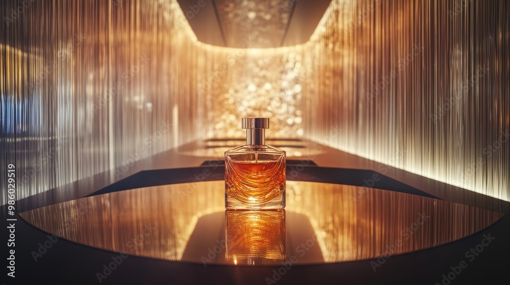 A glass bottle of perfume sits on a dark wooden table in a room with golden curtains. A glass bottle of perfume sits on a dark wooden table in a room with golden curtains.