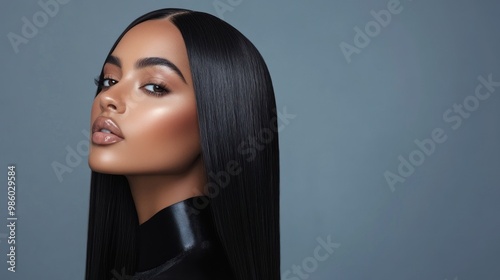 Close-up portrait of a beautiful young woman with long black hair and glossy lips, against a blue background.